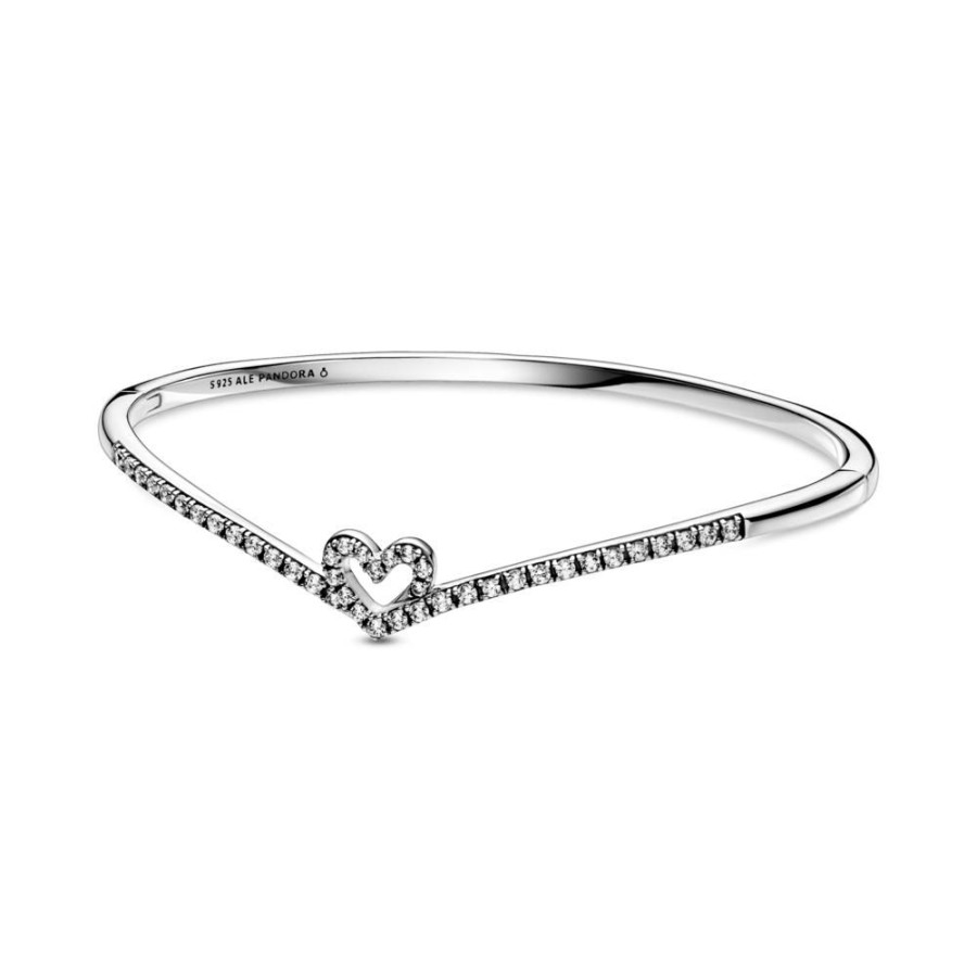 Brazaletes Joyas Pandora | Brazalete Rigido Hueso De Los Deseos Con Corazon Reluciente