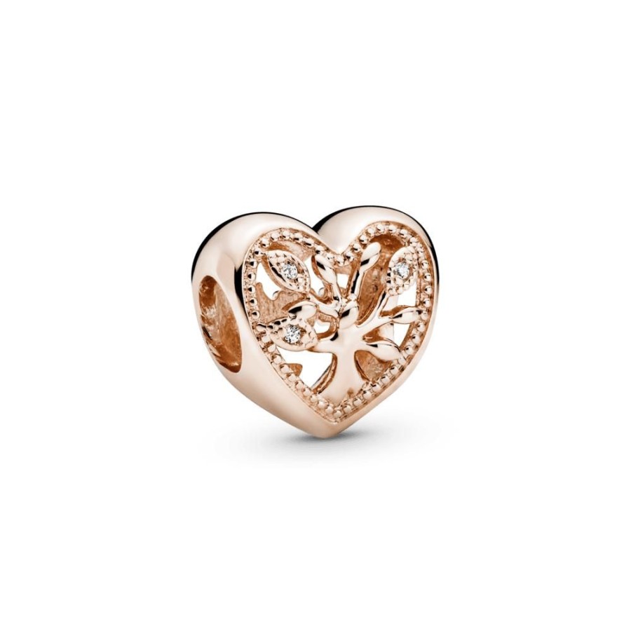 Charms Joyas Pandora | Charm Corazon Calado Arbol De Familia Recubrimiento En Oro Rosa De 14K