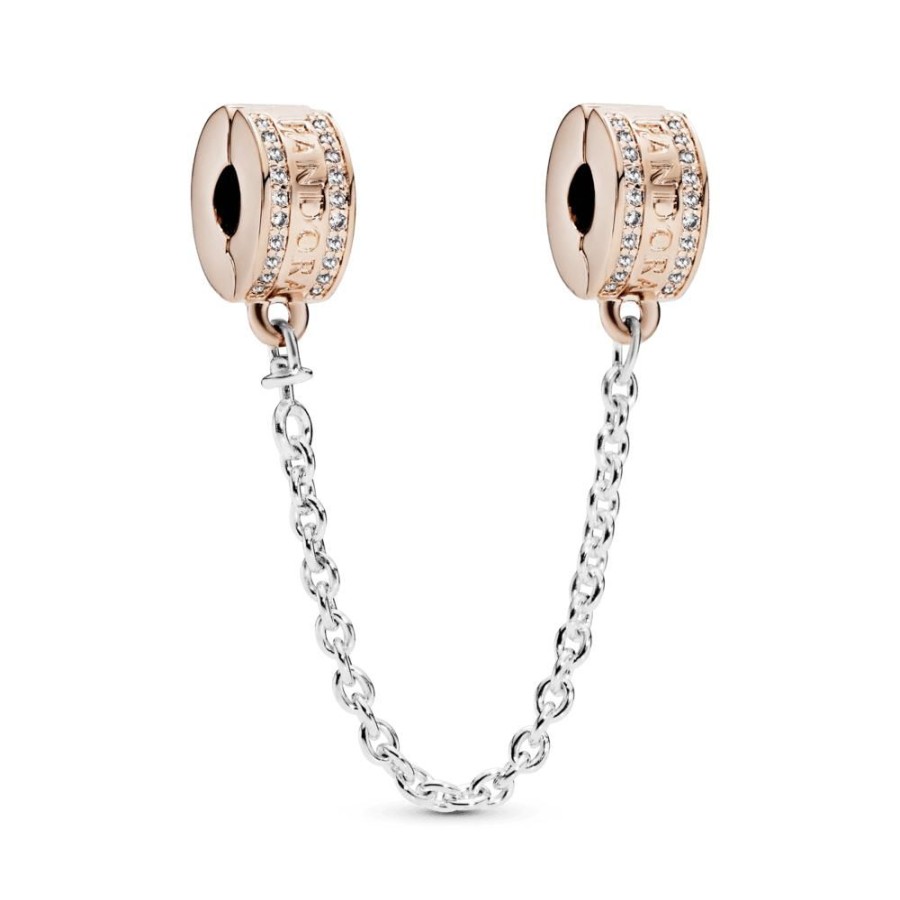 Charms Joyas Pandora | Sujetador Con Cadena De Seguridad Con Logotipo Recubrimiento En Oro Rosa De 14K