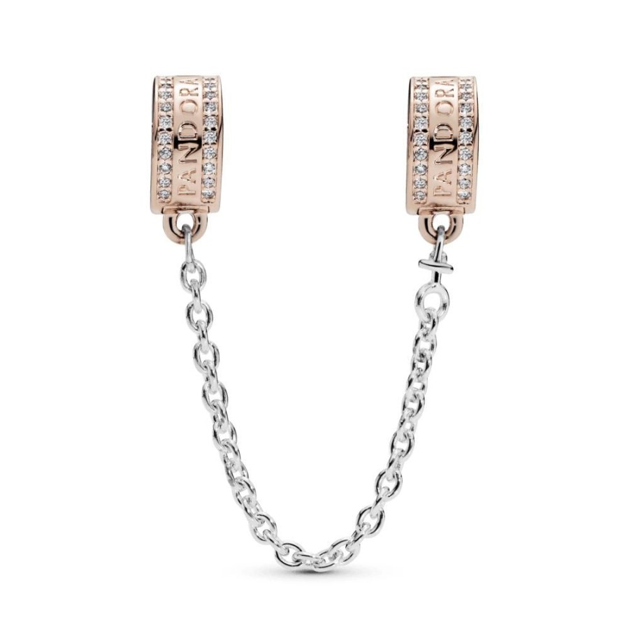 Charms Joyas Pandora | Sujetador Con Cadena De Seguridad Con Logotipo Recubrimiento En Oro Rosa De 14K