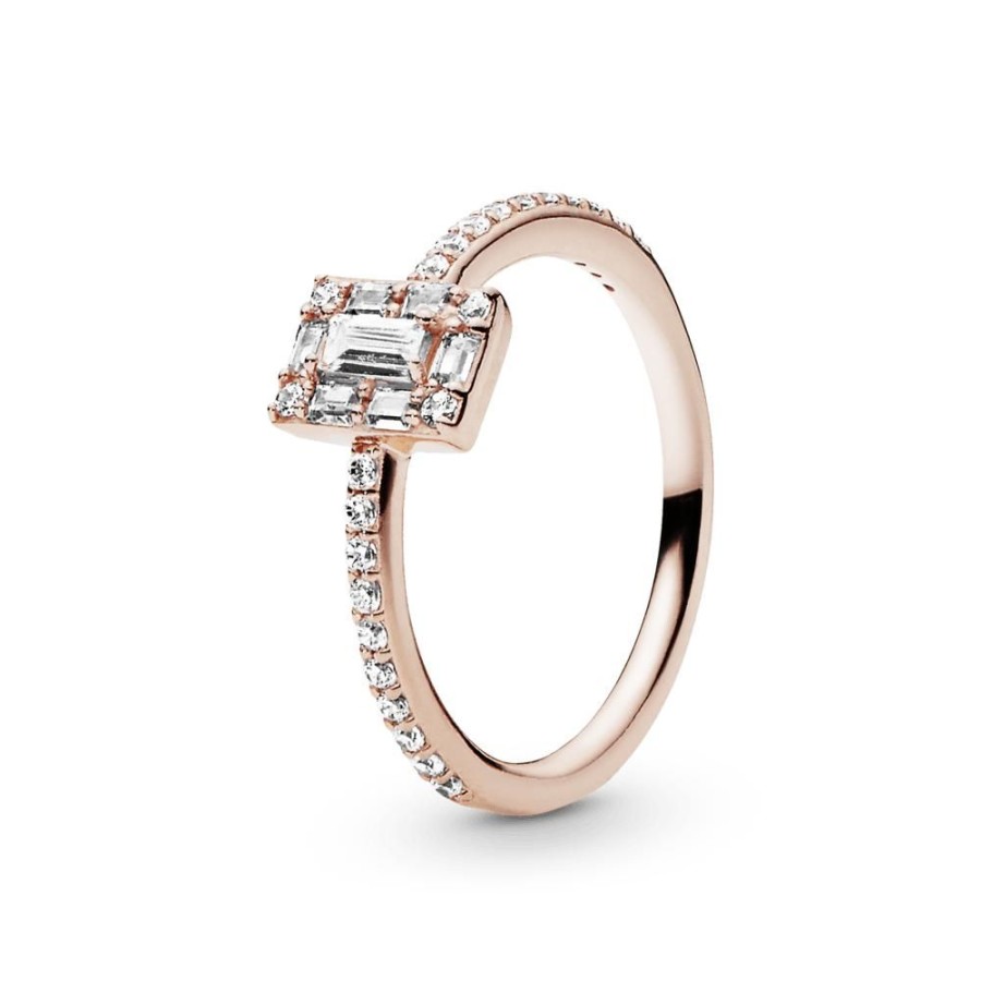 Anillos Joyas Pandora | Anillo Halo Cuadrado Brillante Recubrimiento En Oro Rosa De 14K