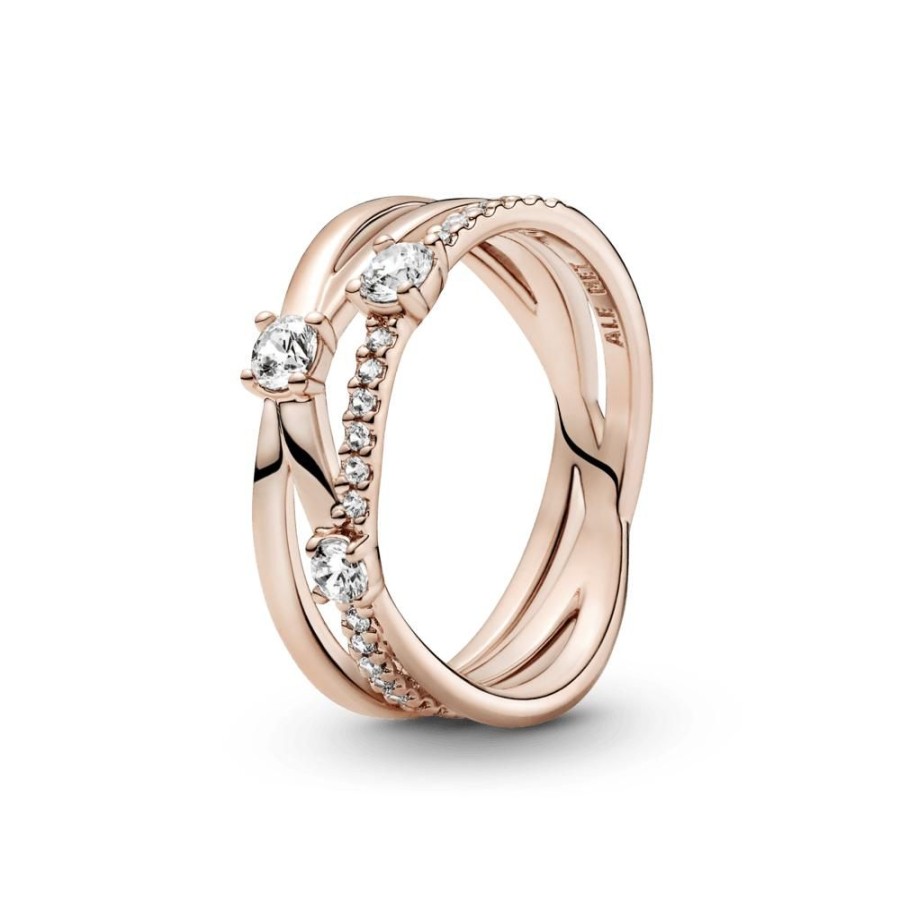 Anillos Joyas Pandora | Anillo Banda Triple Resplandeciente Recubrimiento En Oro Rosa De 14K