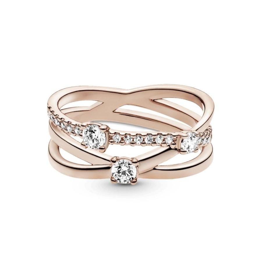 Anillos Joyas Pandora | Anillo Banda Triple Resplandeciente Recubrimiento En Oro Rosa De 14K