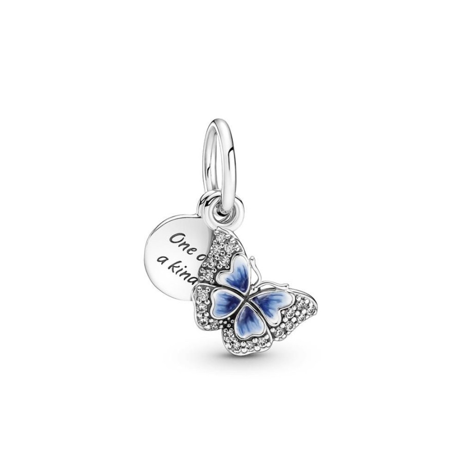 Charms Joyas Pandora | Charm Colgante Doble Mariposa Azul Y Frase