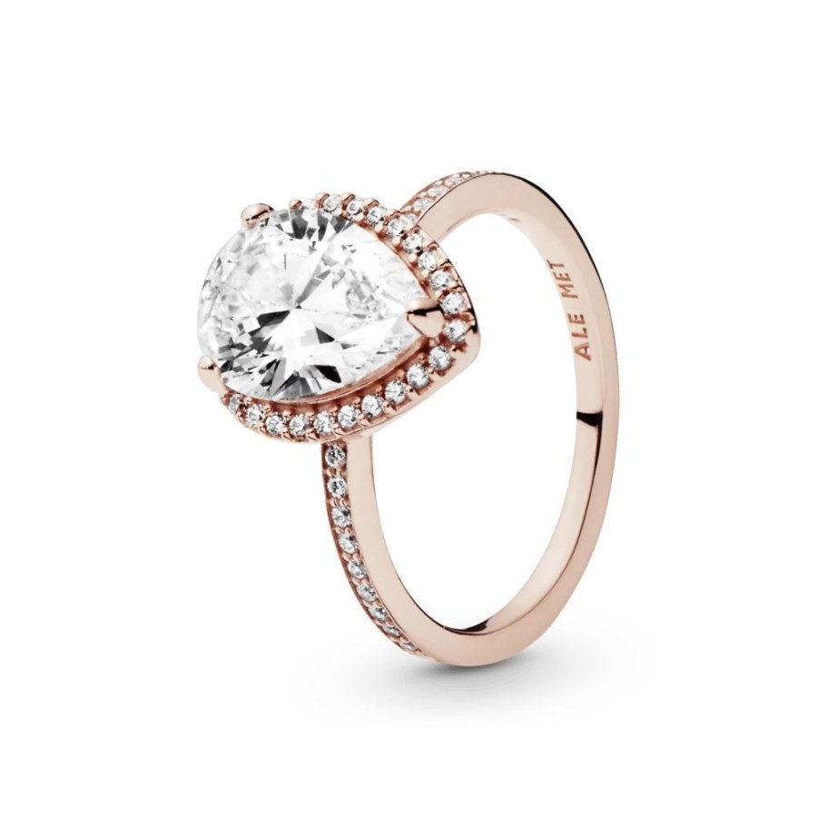 Anillos Joyas Pandora | Anillo Con Halo Brillante En Forma De Gota Recubrimiento En Oro Rosa De 14K