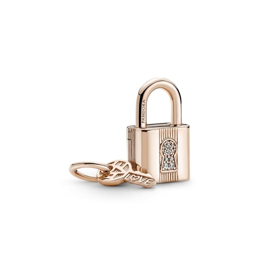 Charms Joyas Pandora | Charm Colgante Candado Y Llave Recubrimiento En Oro Rosa 14K