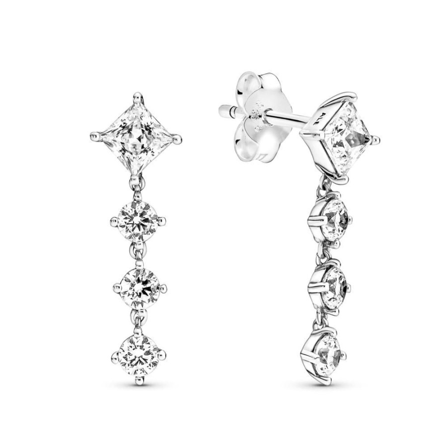 Aretes Joyas Pandora | Aretes Colgantes En Plata De Ley Circulo & Cuadrado Brillantes