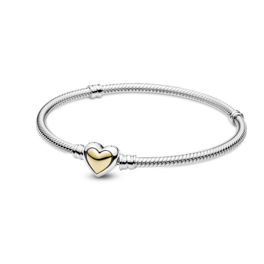 Brazaletes Joyas Pandora | Brazalete Cadena De Serpiente Con Broche De Corazon Dorado Concavo Dos Tonos