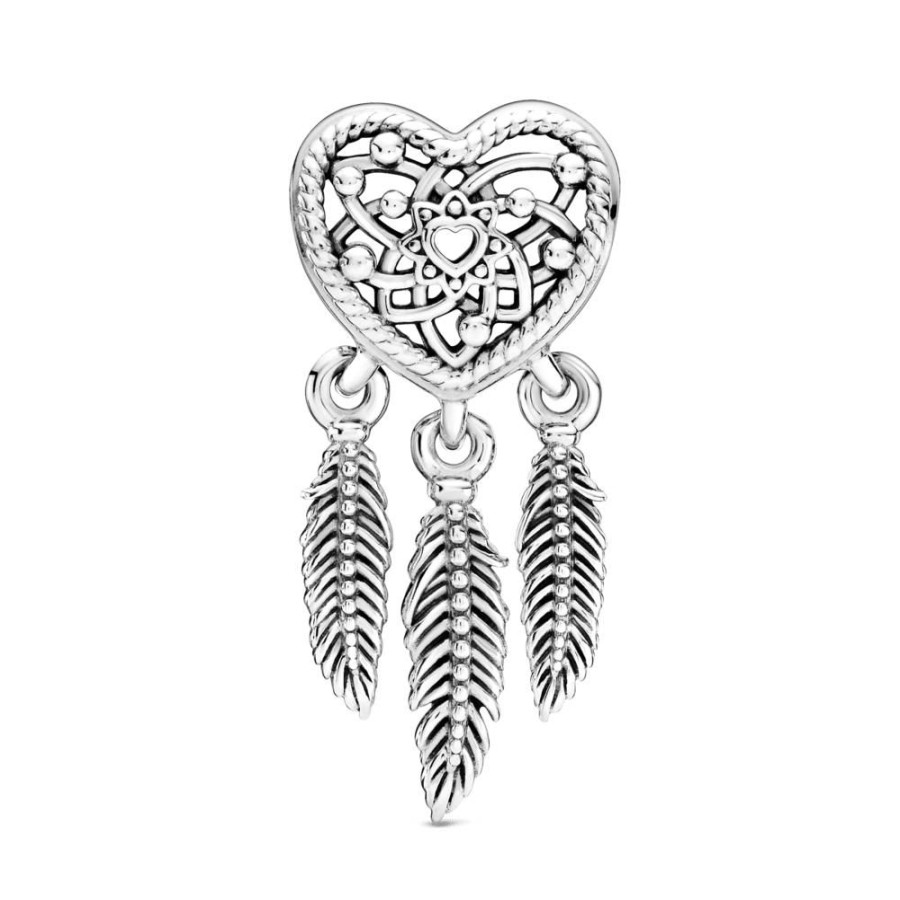 Charms Joyas Pandora | Charm Atrapasuenos De Corazones Y Tres Plumas