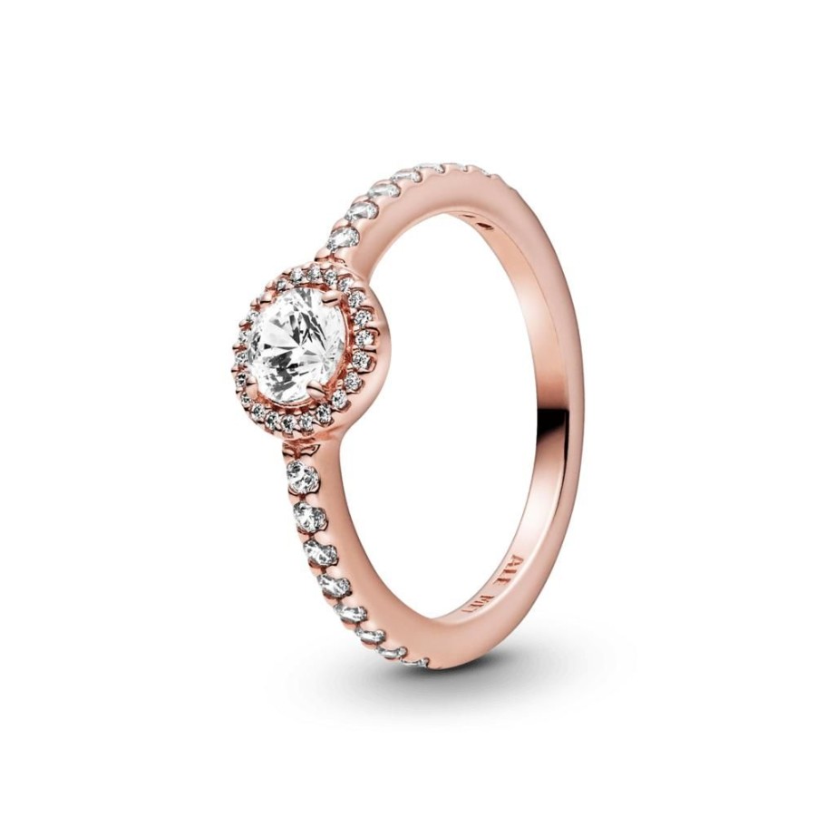 Anillos Joyas Pandora | Anillo Clasico Con Halo Brillante Recubrimiento En Oro Rosa De 14K