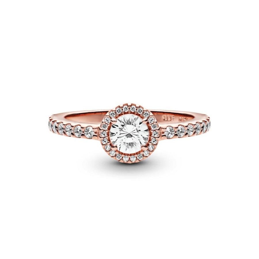 Anillos Joyas Pandora | Anillo Clasico Con Halo Brillante Recubrimiento En Oro Rosa De 14K