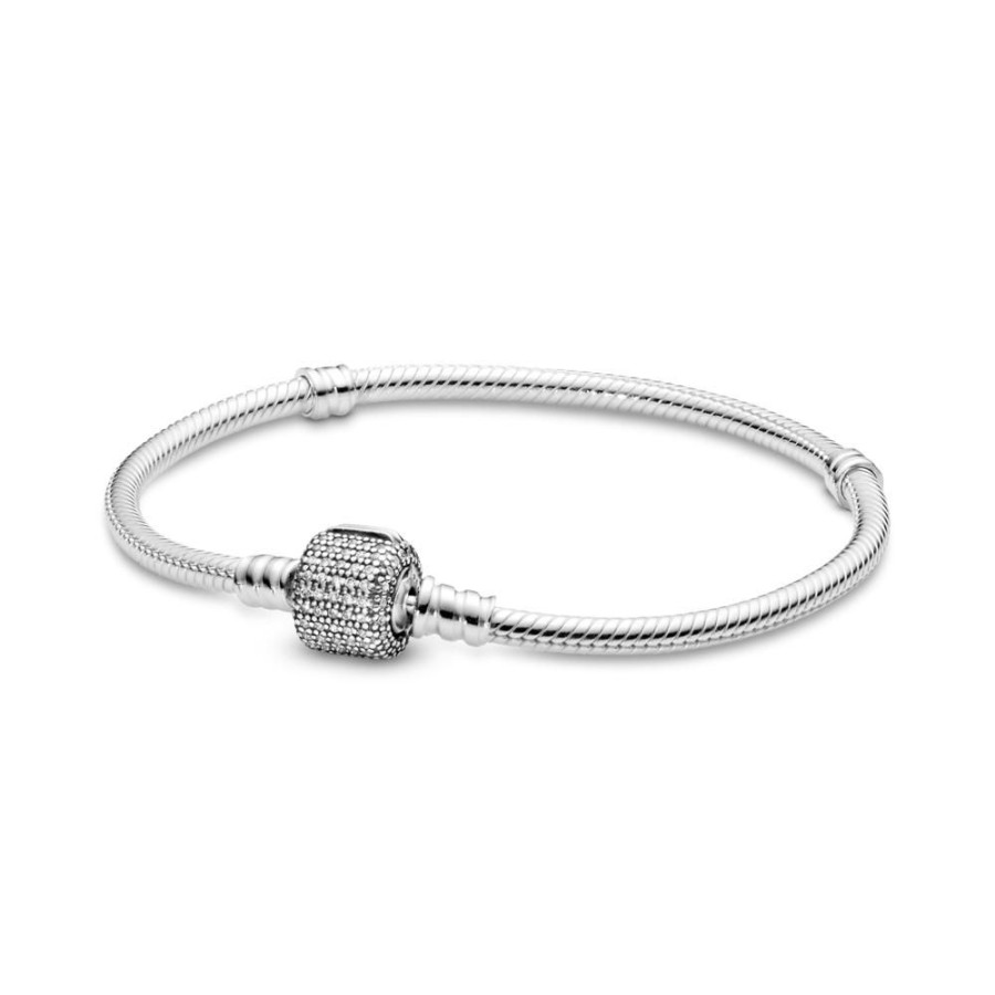 Brazaletes Joyas Pandora | Brazalete Pandora Moments Cadena De Serpiente Con Broche De Pave Centelleante