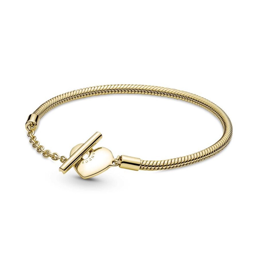 Brazaletes Joyas Pandora | Brazalete Cadena De Serpiente Con Barra T Pandora Moments Con Corazon Recubrimiento En Oro 14K