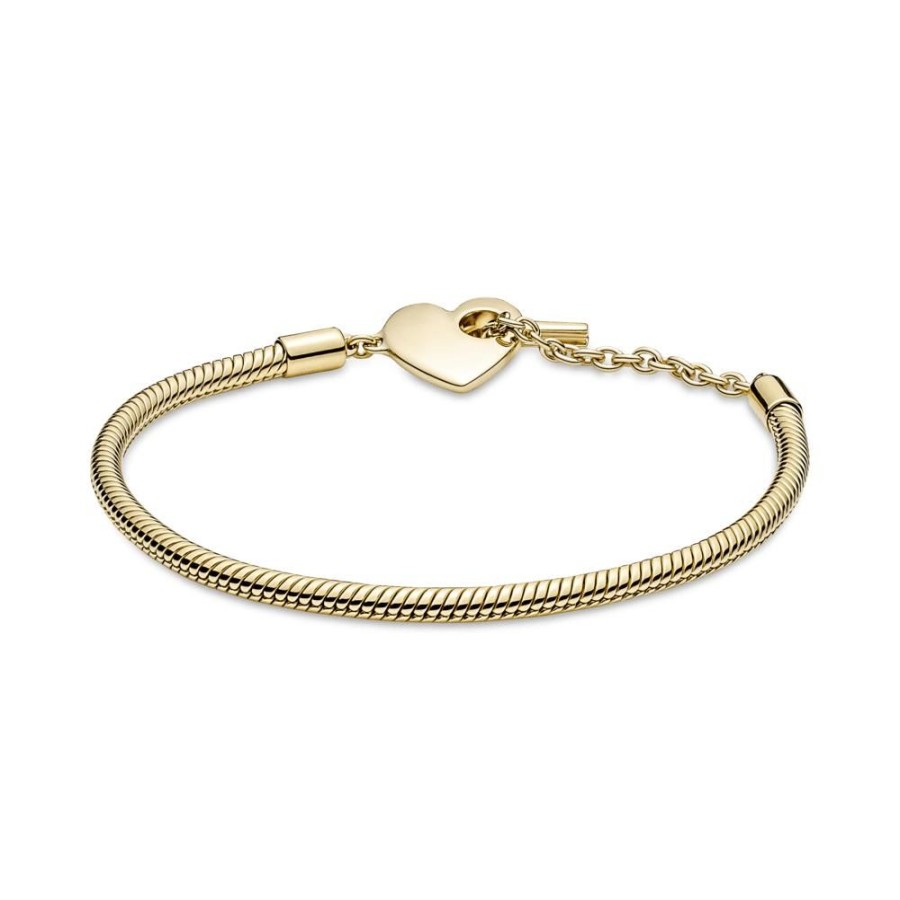 Brazaletes Joyas Pandora | Brazalete Cadena De Serpiente Con Barra T Pandora Moments Con Corazon Recubrimiento En Oro 14K