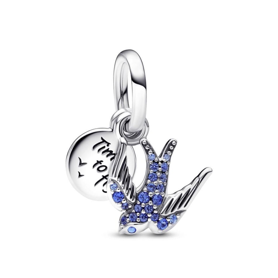 Charms Joyas Pandora | Charm Colgante Doble Golondrina Reluciente Y Cita