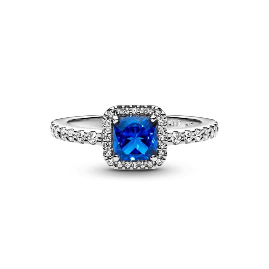 Anillos Joyas Pandora | Anillo Cuadrado Azul Con Halo