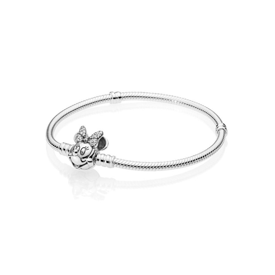 Brazaletes Joyas Pandora | Brazalete De Cadena De Serpiente Pandora Moments Con Broche De Minnie Mouse En Pave