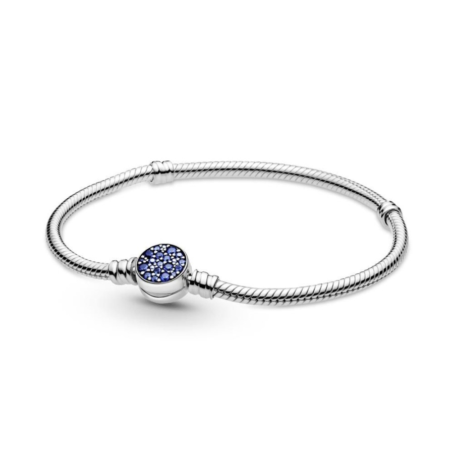 Brazaletes Joyas Pandora | Brazalete Cadena De Serpiente Pandora Moments Con Broche De Disco Azul Resplandeciente