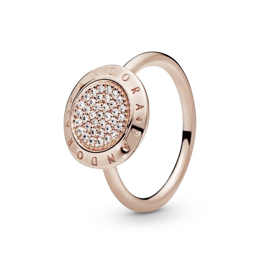 Anillos Joyas Pandora | Anillo Con Pave Y Logotipo Recubrimiento En Oro Rosa De 14K