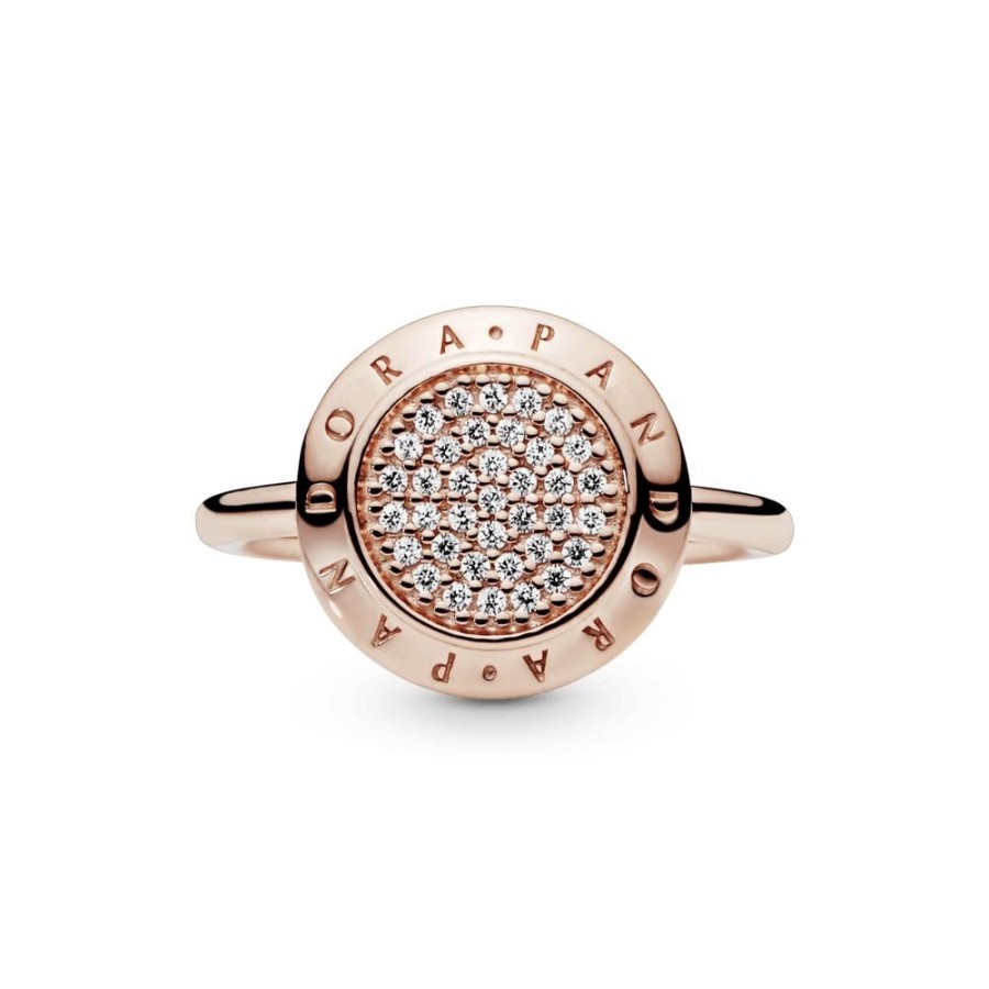 Anillos Joyas Pandora | Anillo Con Pave Y Logotipo Recubrimiento En Oro Rosa De 14K