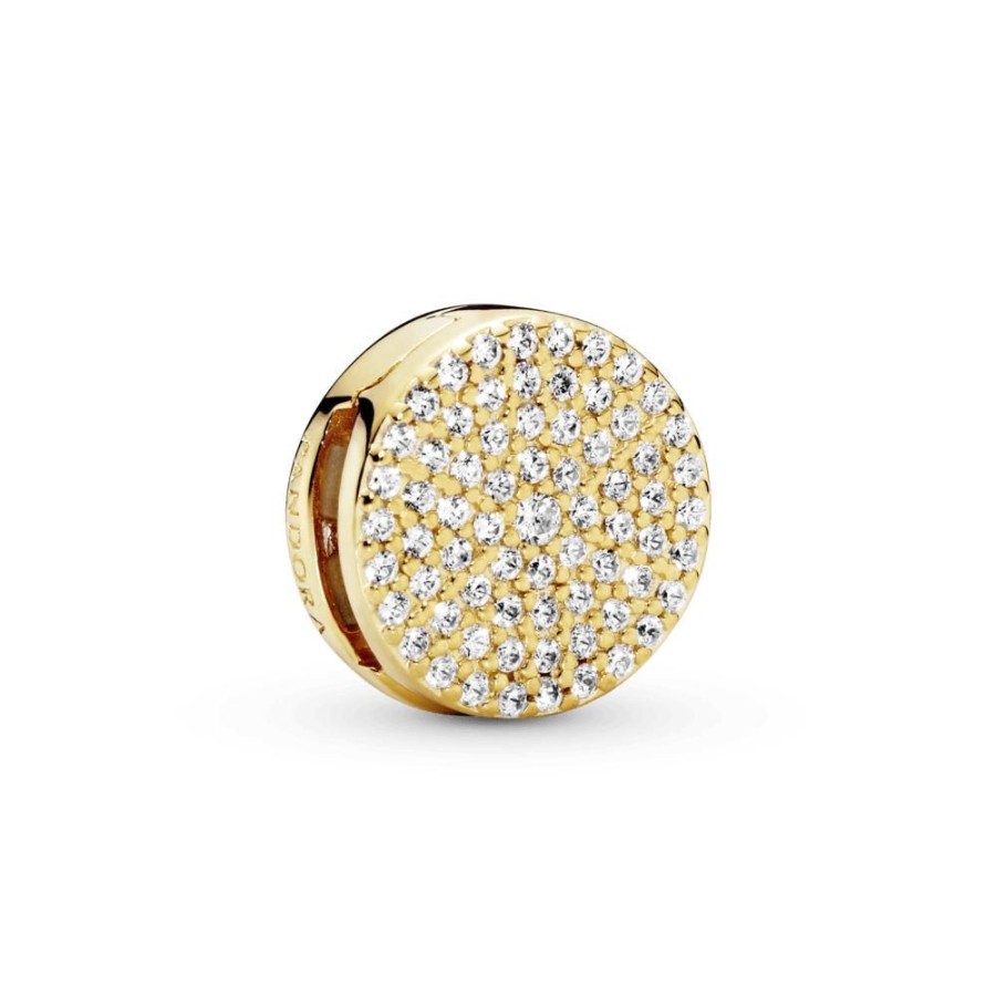 Charms Joyas Pandora | Charm Sujetador Redondo Con Pave Recubrimiento En Oro De 14K Reflexions