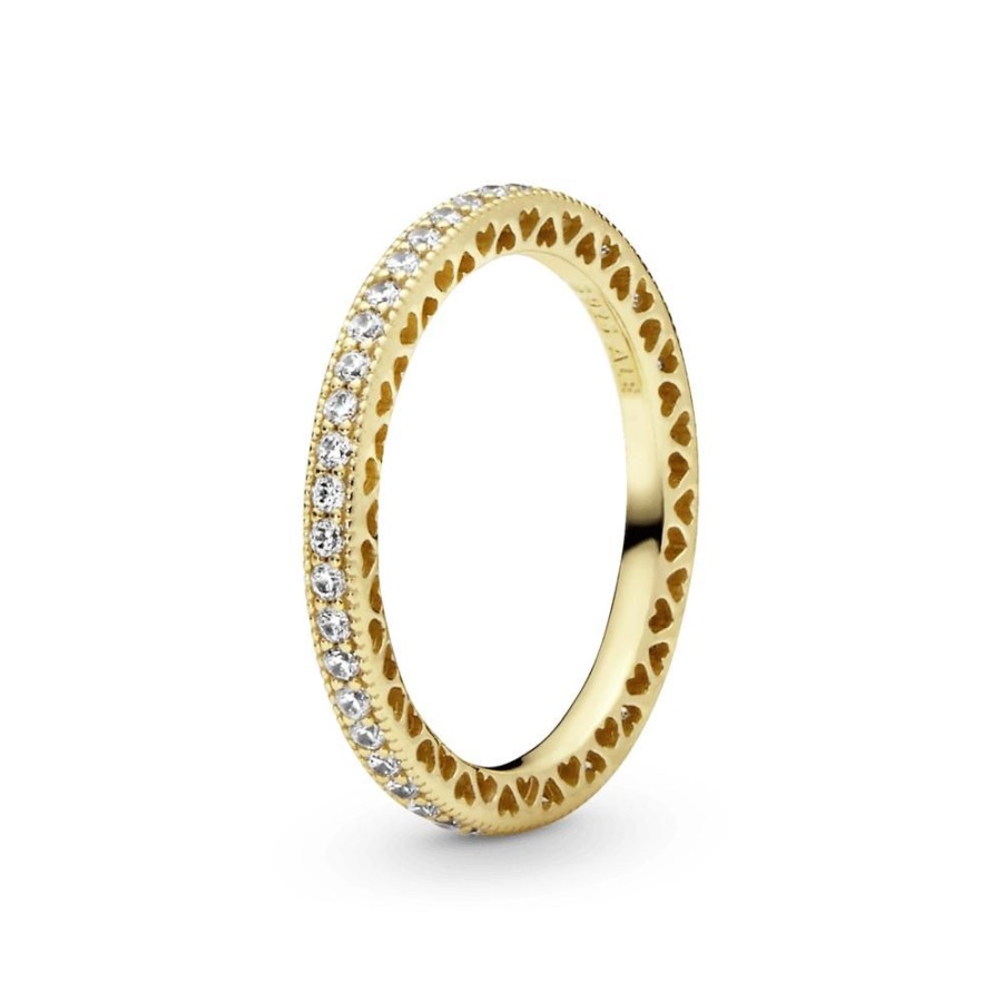 Anillos Joyas Pandora | Anillo Corazones Brillantes Recubrimiento En Oro De 14K