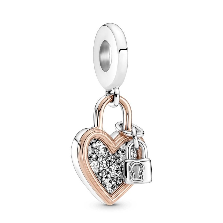 Charms Joyas Pandora | Charm Colgante Doble Candado Del Corazon Recubrimiento En Oro Rosa 14K