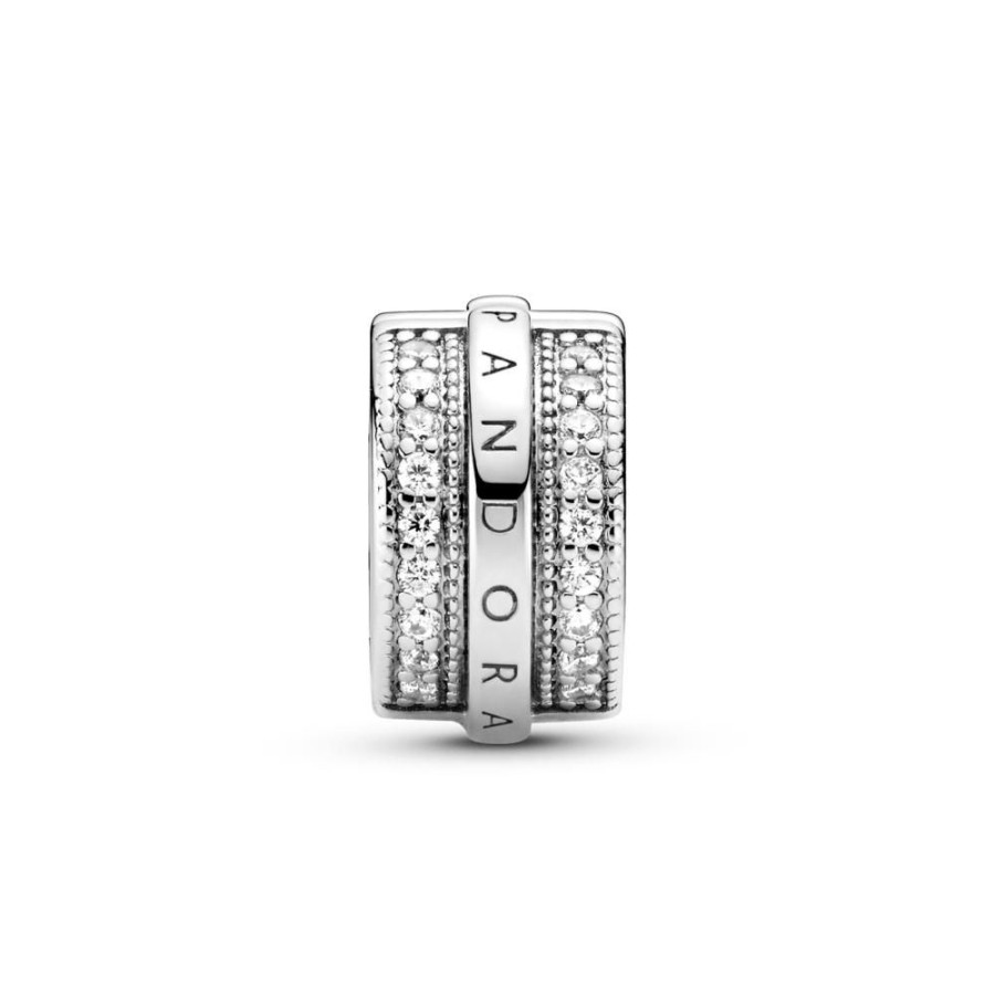 Charms Joyas Pandora | Charm Sujetador Lineas De Pave Relucientes Y Logotipo