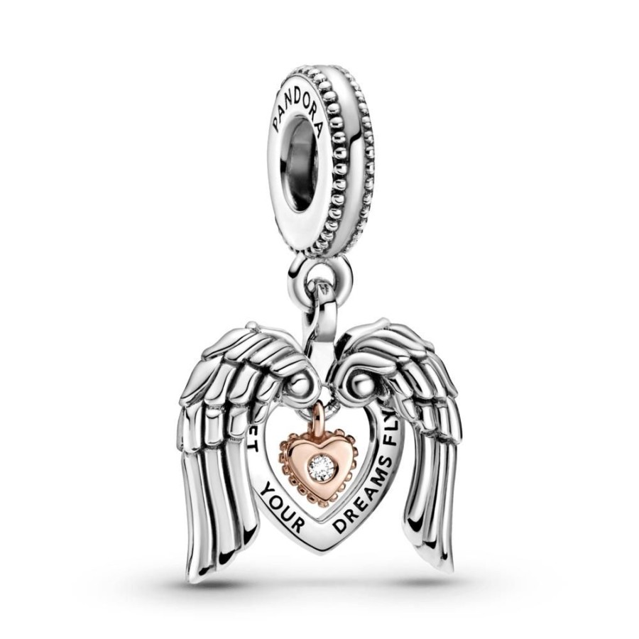 Charms Joyas Pandora | Charm Del Club Pandora 2021 Colgante Alas De Angel Y Corazon Recubrimiento En Oro Rosa De 14K