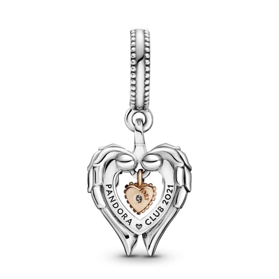 Charms Joyas Pandora | Charm Del Club Pandora 2021 Colgante Alas De Angel Y Corazon Recubrimiento En Oro Rosa De 14K