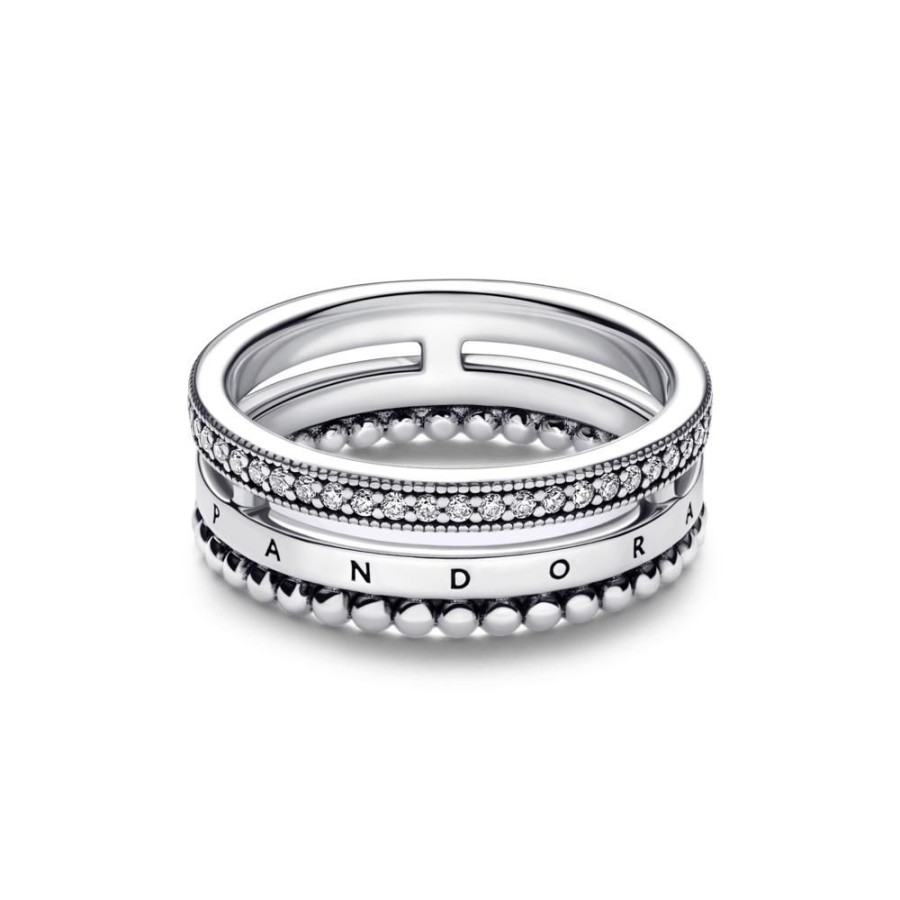 Anillos Joyas Pandora | Anillo Con Pave Y Abalorios Con Logotipo De Pandora Signature