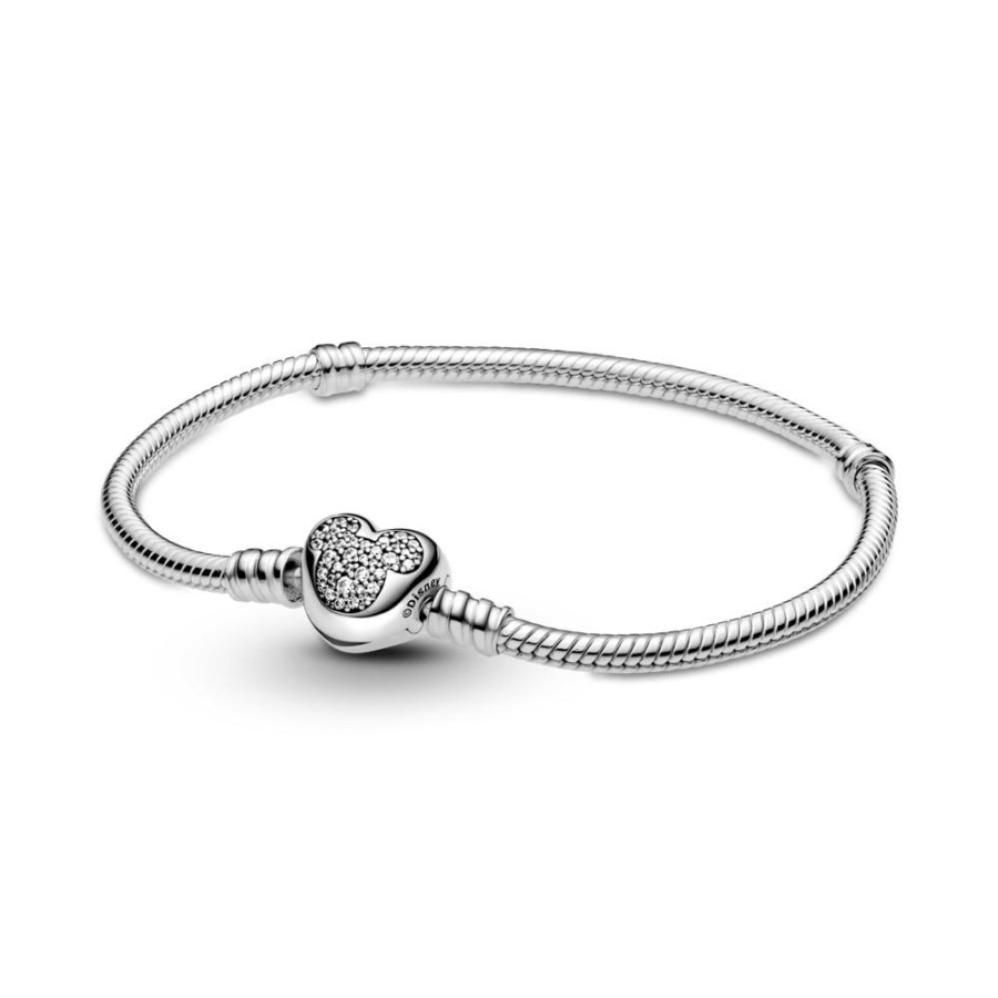 Brazaletes Joyas Pandora | Brazalete Cadena De Serpiente Pandora Moments Con Broche De Corazon Con Mickey Mouse.