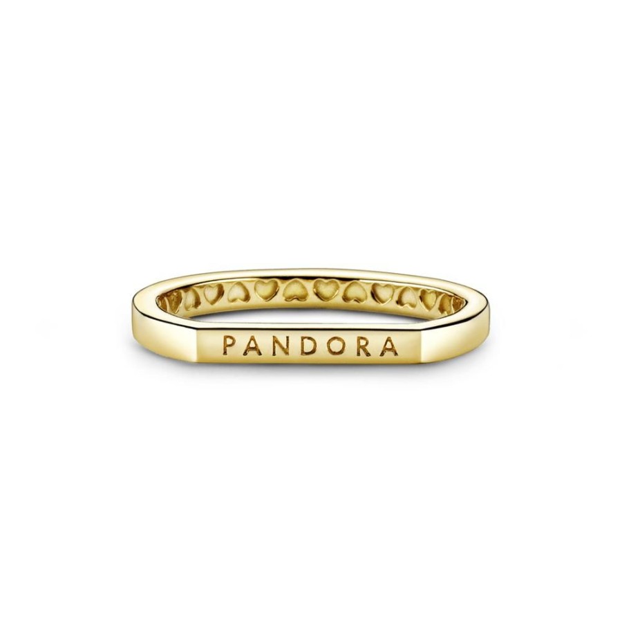 Anillos Joyas Pandora | Anillo Apilable Barra Con Logotipo Recubrimiento En Oro De 14K