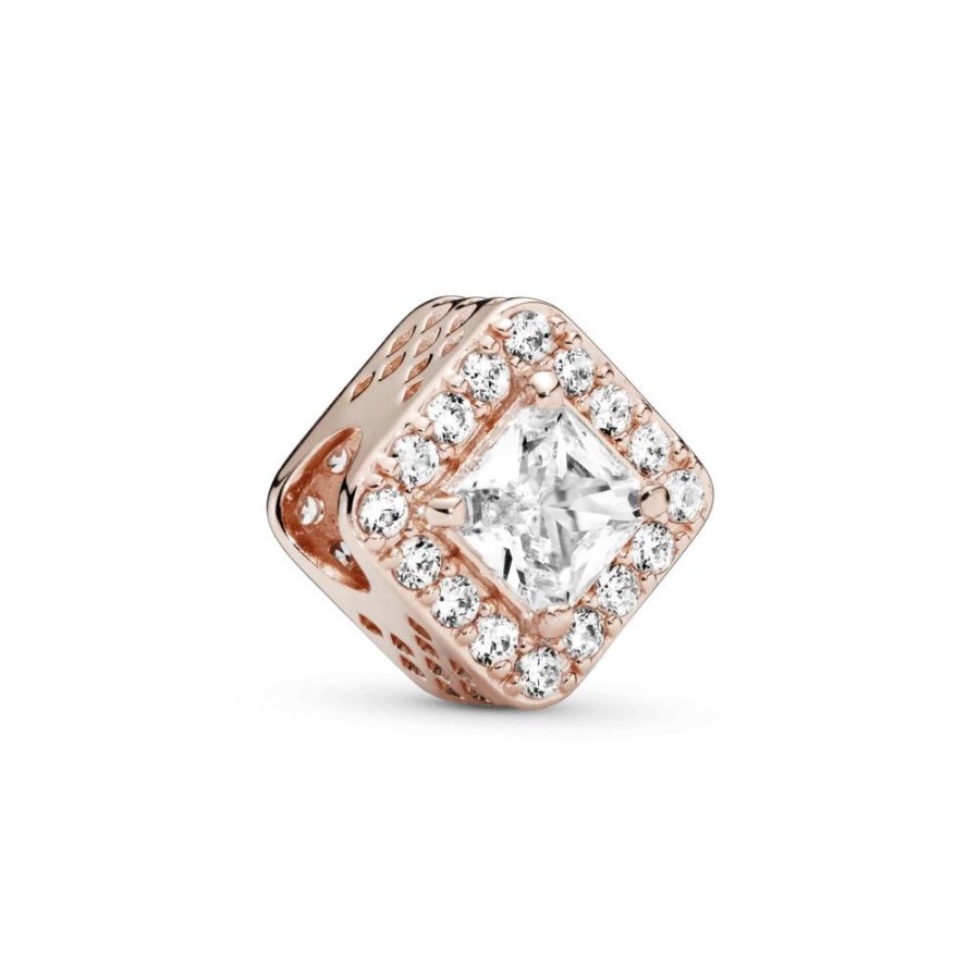 Charms Joyas Pandora | Charm Cuadrado Con Halo Brillante Recubrimiento En Oro Rosa De 14K