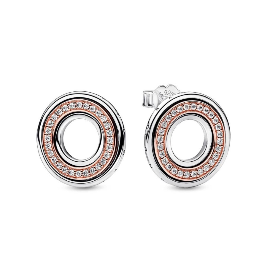 Aretes Joyas Pandora | Pendientes De Boton Logo Y Pave En Dos Tonos Pandora Signatur