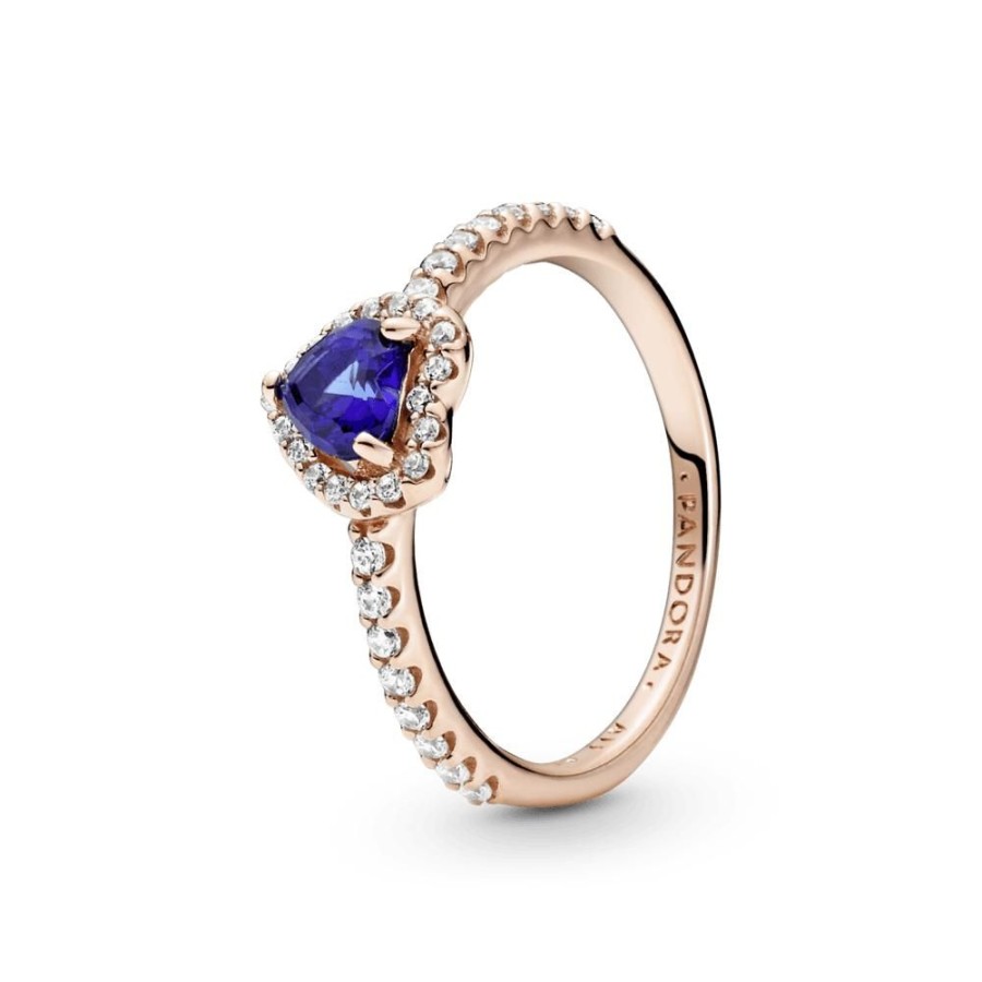 Anillos Joyas Pandora | Anillo De Corazon Elevado Azul Brillante Recubrimiento En Oro Rosa De 14K