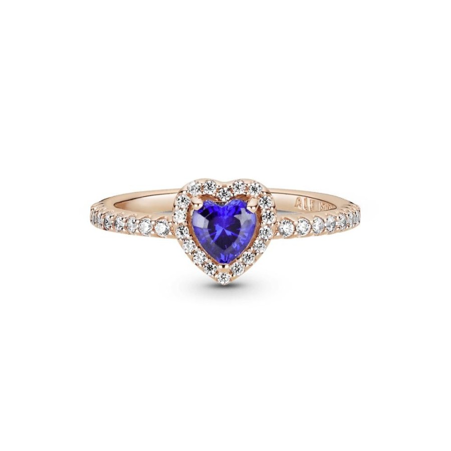 Anillos Joyas Pandora | Anillo De Corazon Elevado Azul Brillante Recubrimiento En Oro Rosa De 14K