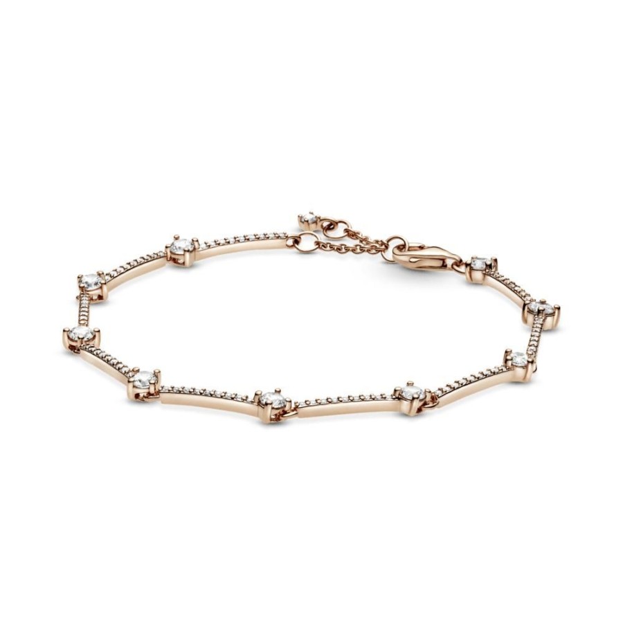 Brazaletes Joyas Pandora | Brazalete Recubrimiento En Oro Rosa De 14K De Barras Con Pave Brillante