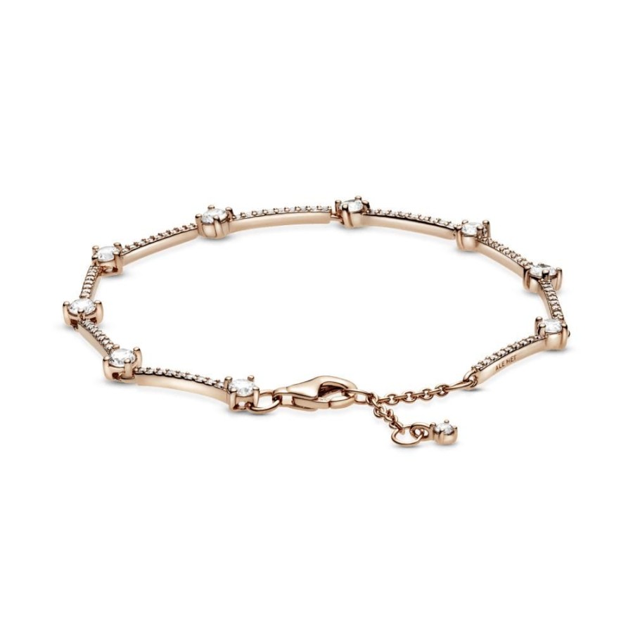 Brazaletes Joyas Pandora | Brazalete Recubrimiento En Oro Rosa De 14K De Barras Con Pave Brillante