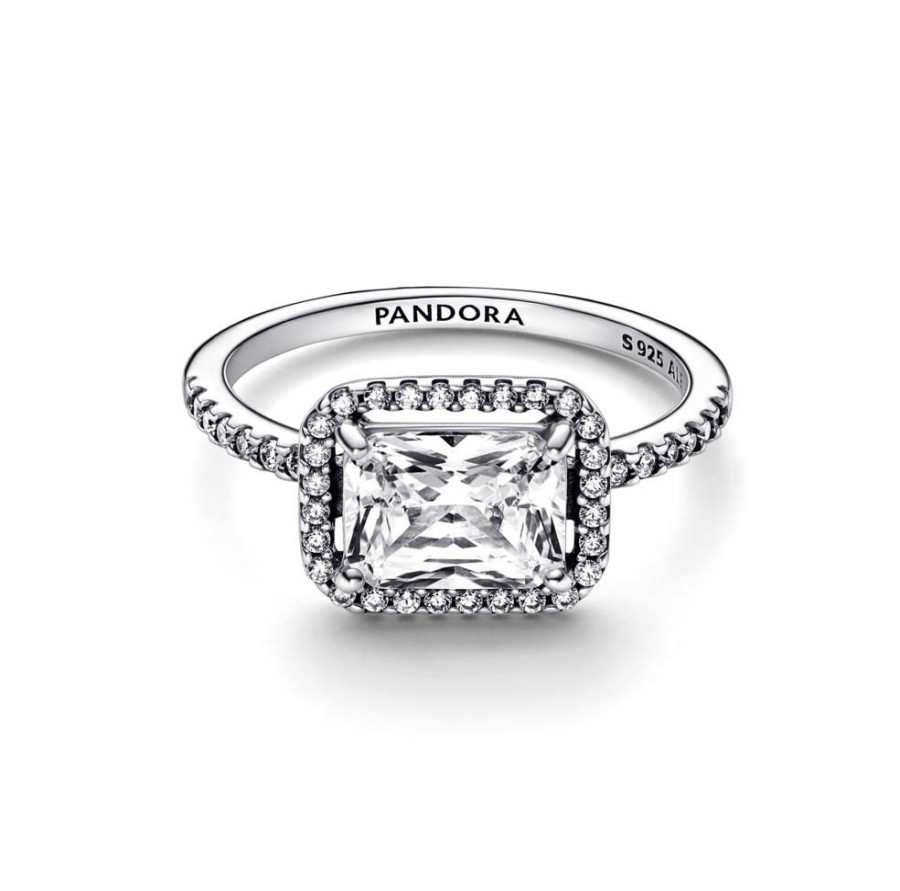 Anillos Joyas Pandora | Anillo Halo Rectangular Reluciente Pandora Plata Esterlina