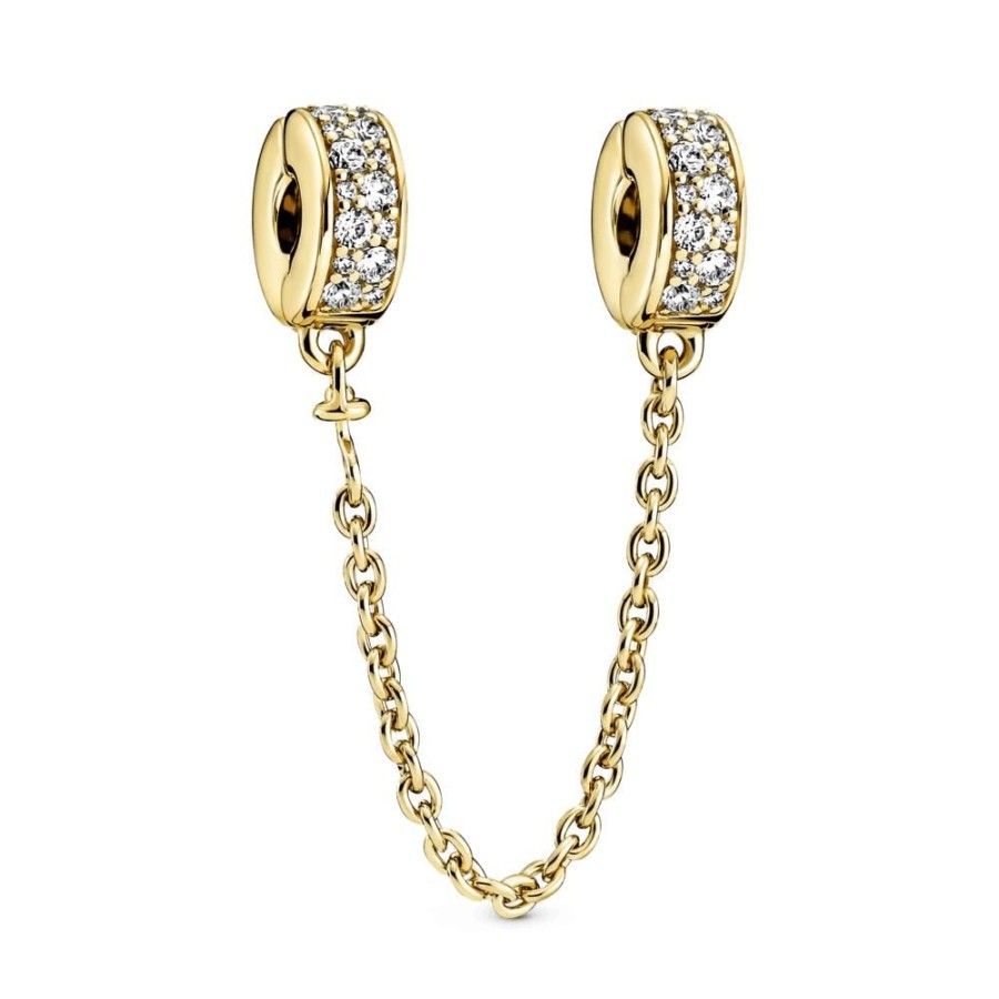 Charms Joyas Pandora | Cadena De Seguridad S Ujetador De Pave Transparente Recubrimiento En Oro De 14K