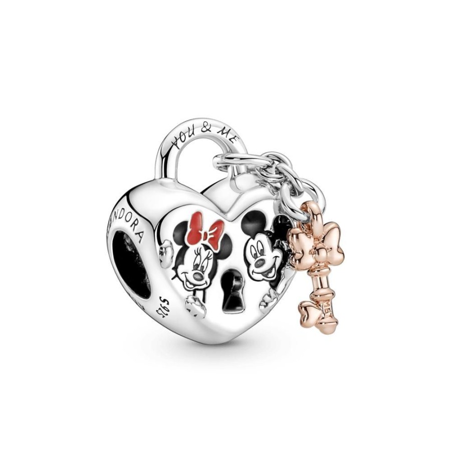 Charms Joyas Pandora | Charm Candado Con Mickey Mouse Y Minnie Mouse De Disney Recubrimiento En Oro Rosa 14K