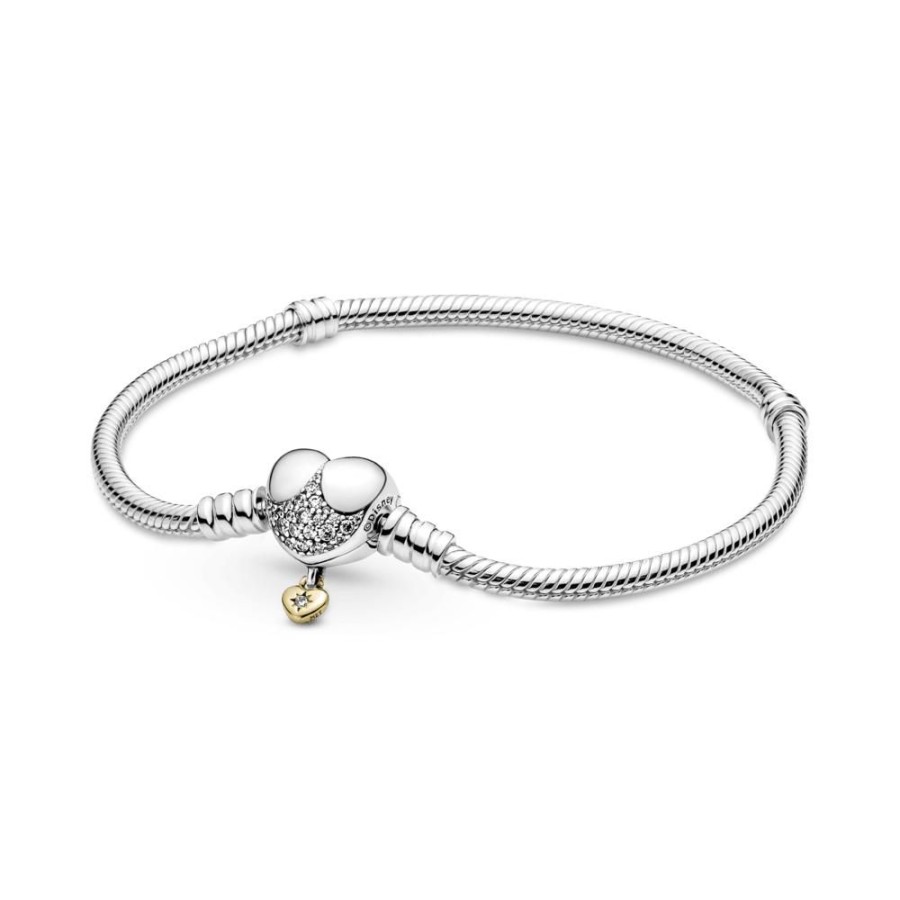 Brazaletes Joyas Pandora | Brazalete Cadena De Serpiente Con Broche De Corazon De Disney Pandora Moments Recubrimiento En Oro De 14K