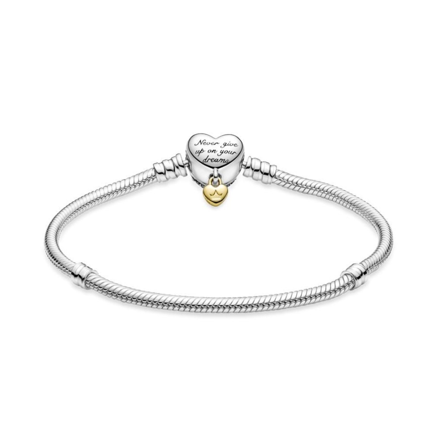 Brazaletes Joyas Pandora | Brazalete Cadena De Serpiente Con Broche De Corazon De Disney Pandora Moments Recubrimiento En Oro De 14K