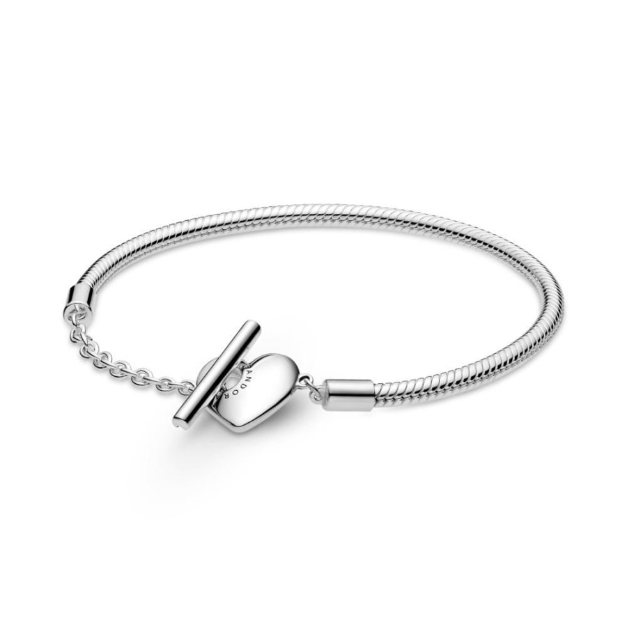 Brazaletes Joyas Pandora | Brazalete Moments Cadena De Serpiente Con Cierre En T Y Corazon Grabable