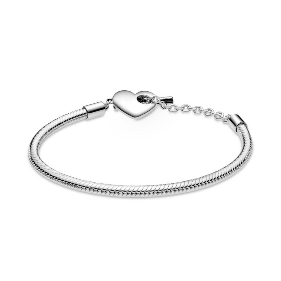 Brazaletes Joyas Pandora | Brazalete Moments Cadena De Serpiente Con Cierre En T Y Corazon Grabable