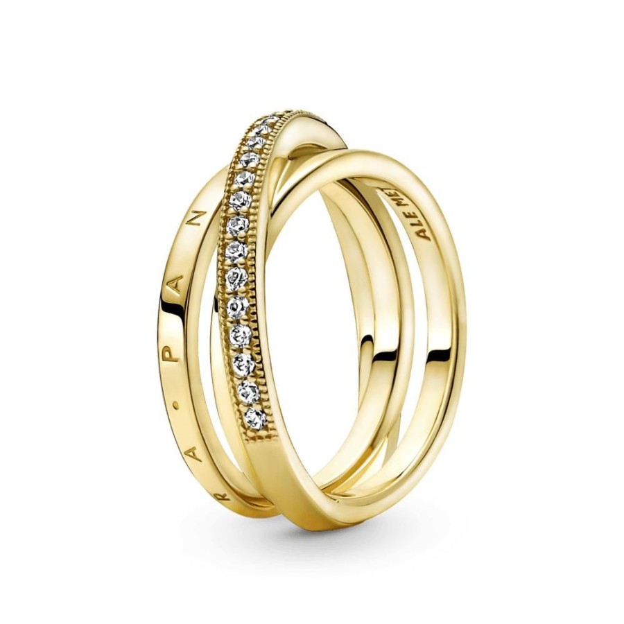 Anillos Joyas Pandora | Anillo De Banda Triple Cruzado Con Pave Recubrimiento En Oro De 14K