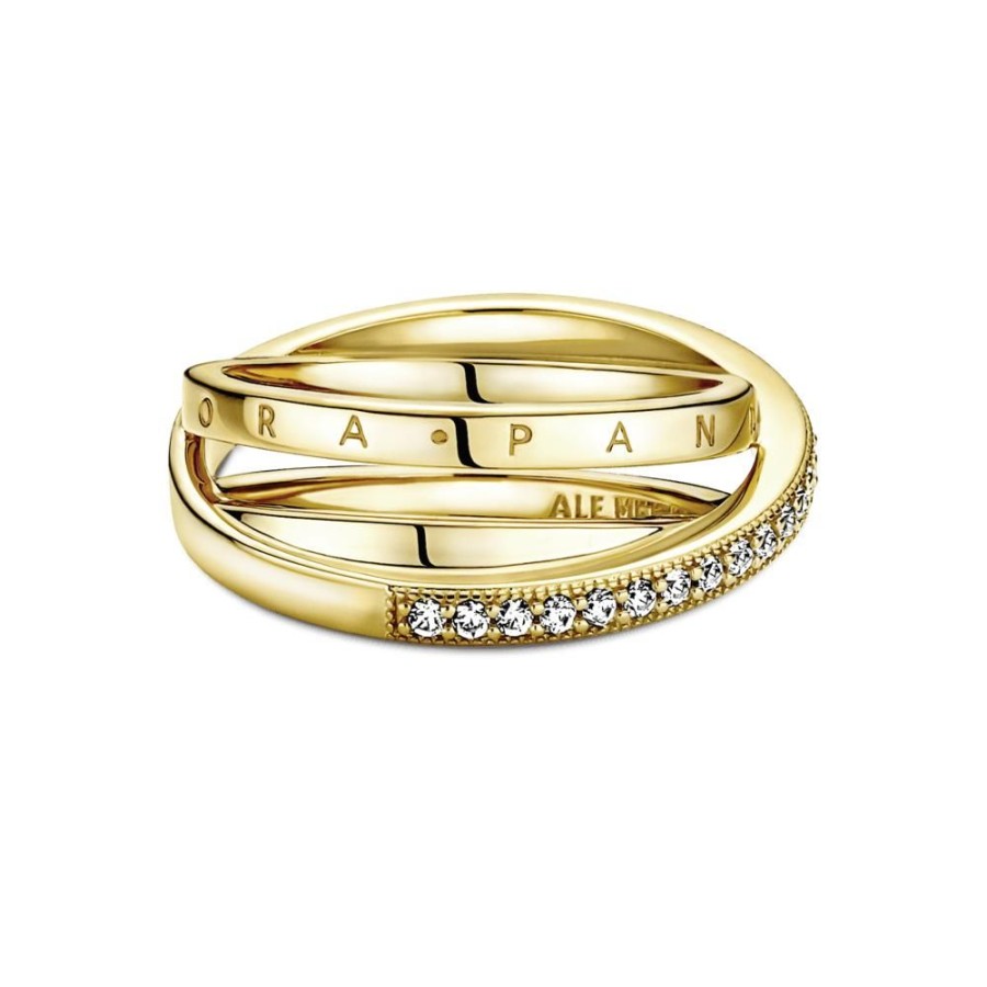 Anillos Joyas Pandora | Anillo De Banda Triple Cruzado Con Pave Recubrimiento En Oro De 14K