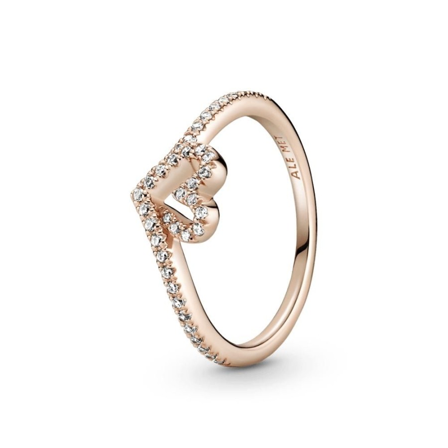 Anillos Joyas Pandora | Anillo Hueso De Los Deseos Con Corazon Reluciente Recubrimiento En Oro Rosa De 14K