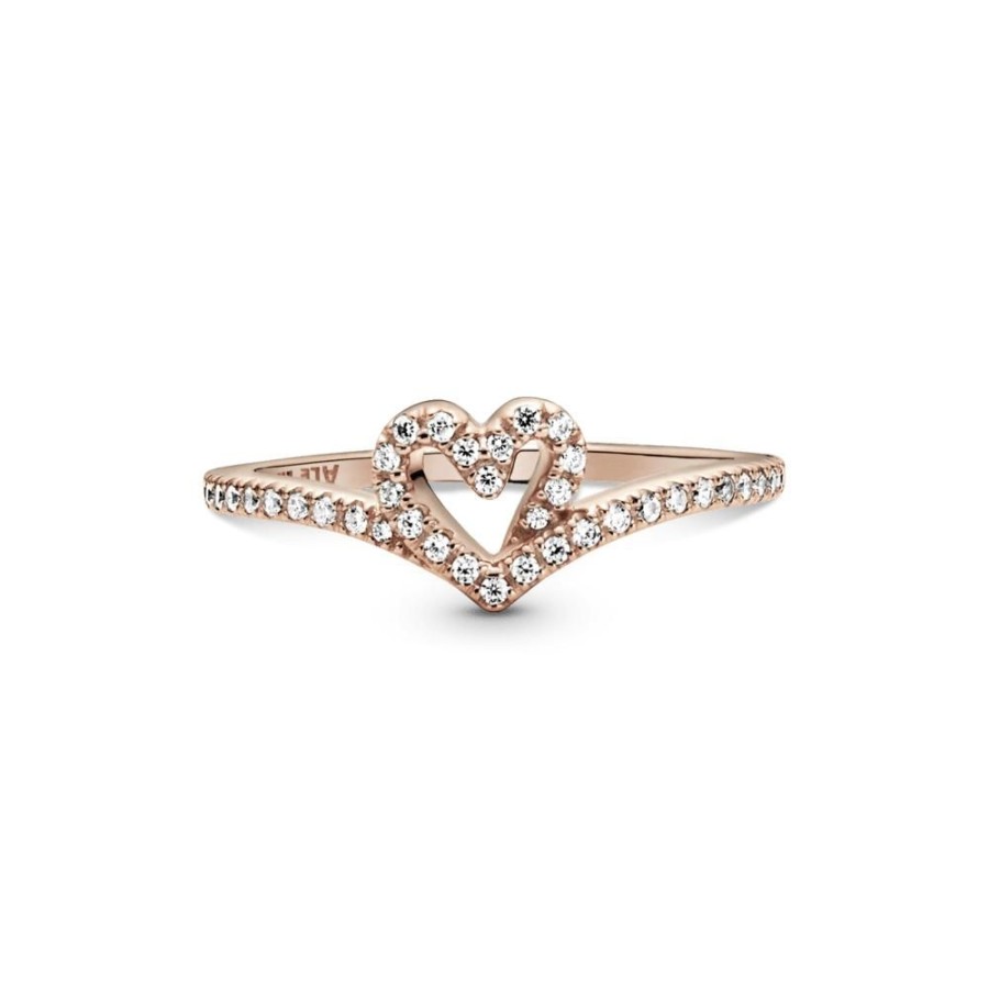 Anillos Joyas Pandora | Anillo Hueso De Los Deseos Con Corazon Reluciente Recubrimiento En Oro Rosa De 14K